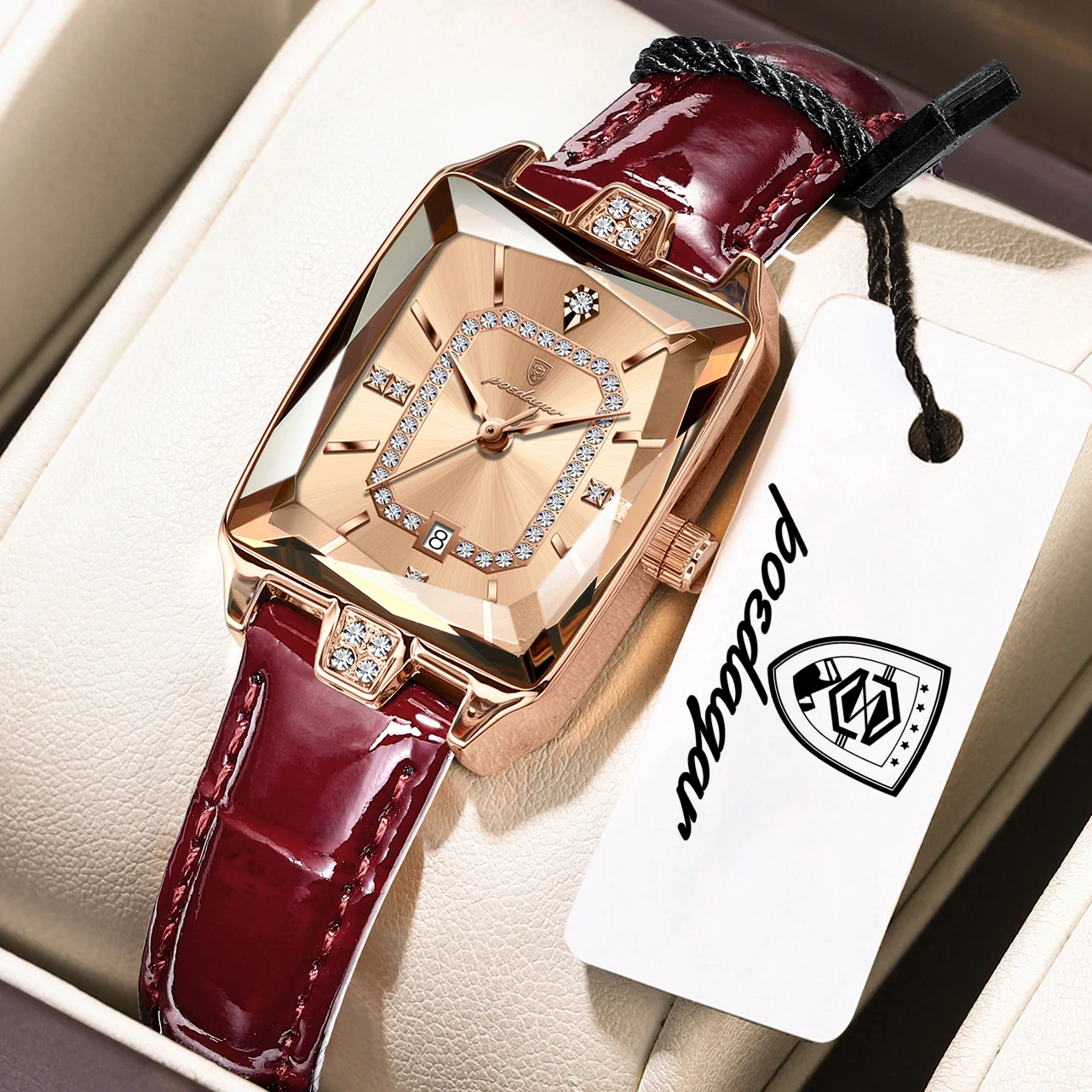Relógio feminino de luxo com contador de dados e pulseira de couro na cor Prova d'água (ouro rosa). Elegante relógio feminino de quartzo.