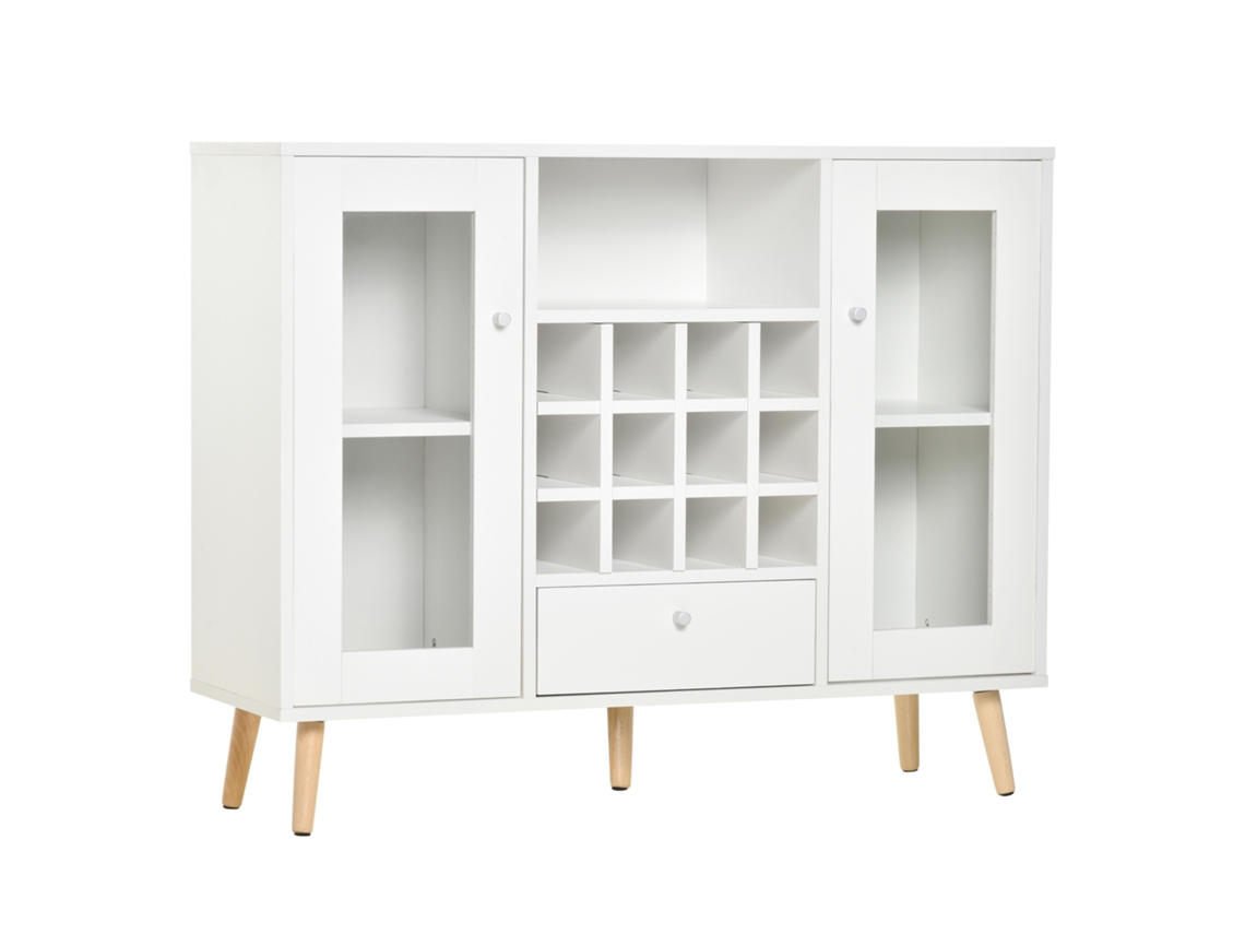 Aparador de cozinha com 12 suportes para garrafas e 3 estantes, portas de vidro, 100x30x80cm branco