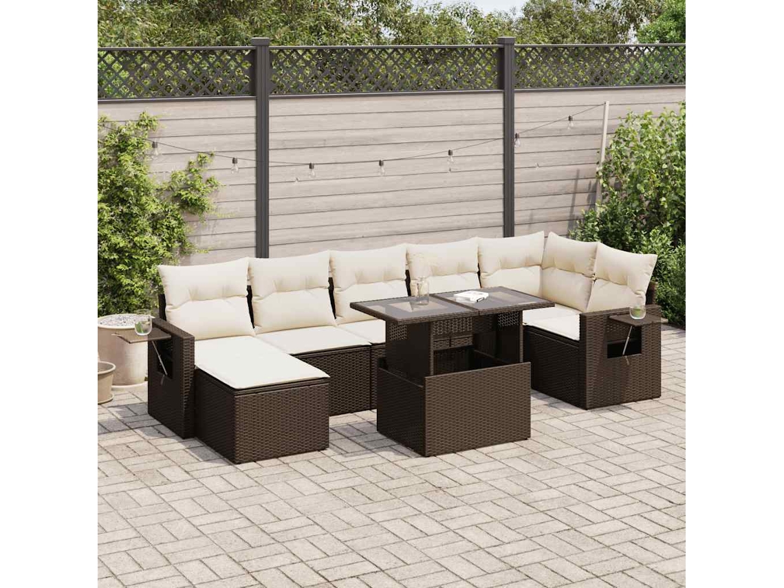 Vidaxl 8 Pcs Conjunto Sofás De Jardim C/ Almofadões Vime Pe Castanho