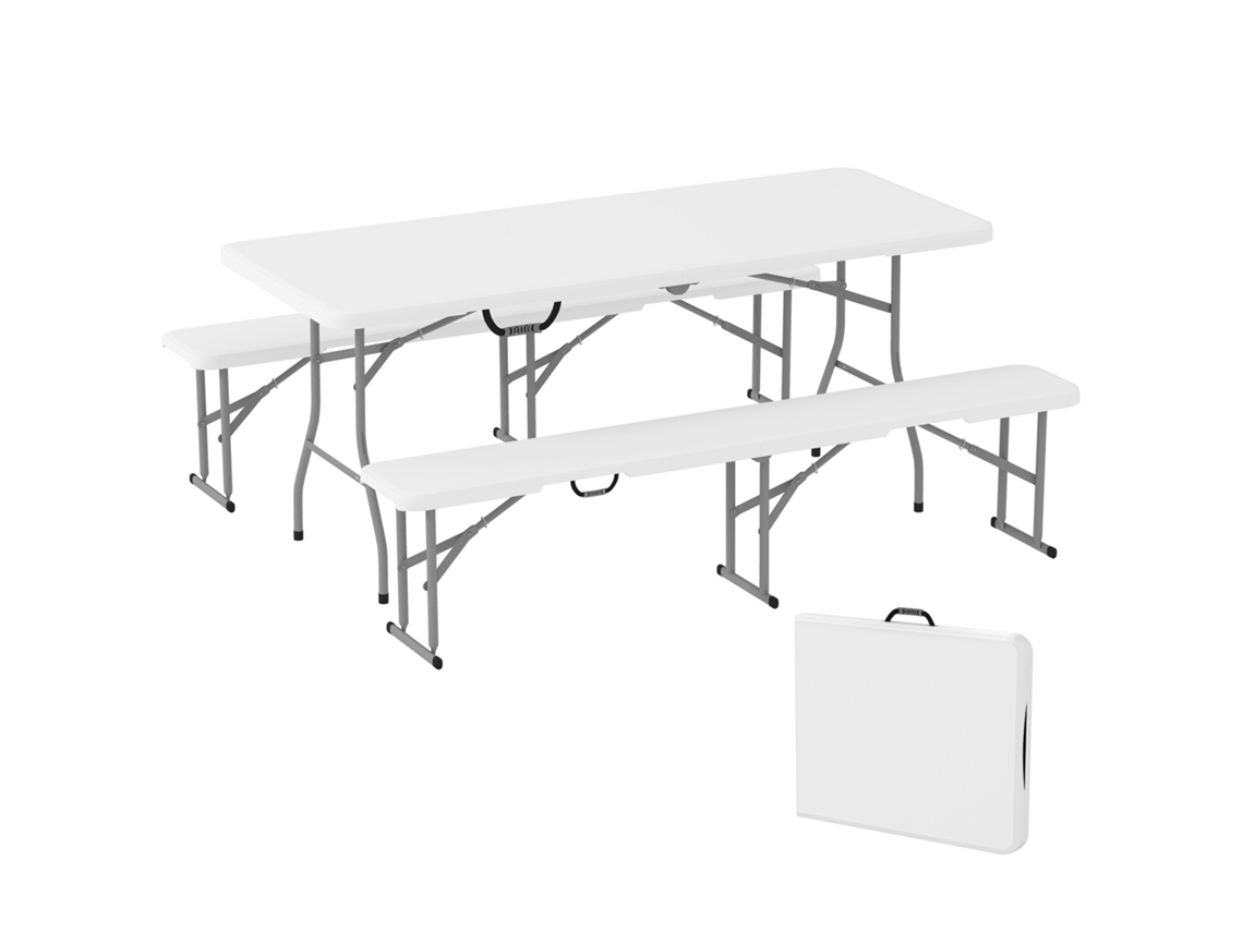 Conjunto de Piquenique Dobrável de 3 Peças com Mesa e 2 Bancos em Hdpe e Metal, Branco e Cinza Claro E TOWN COMMERCE GMBH
