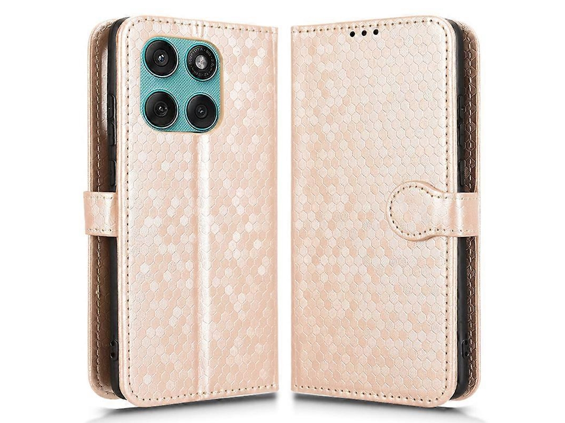 Capa Tipo Carteira Para Motorola Edge 60 5g / 60 Fusion 5g Com Estampa De Bolinhas E Couro Sintético, Capa Dourada Rosa