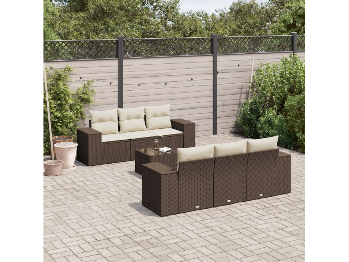 Vidaxl 7 Pcs Conjunto de Sofás Jardim C/ Almofadões Vime Pe Castanho
