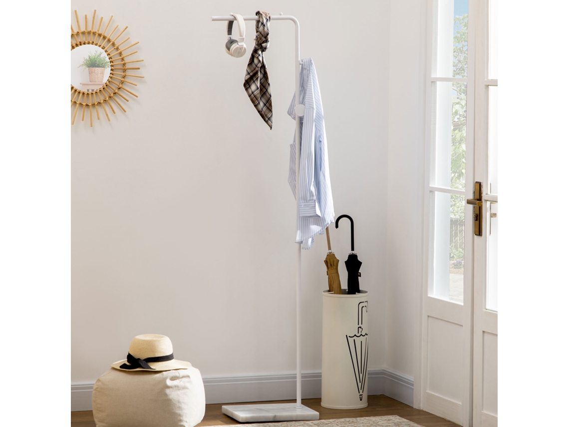 Cabide De Pé Elegante Para Abrigos Com 2 Ganchos Redondos Suspensos E Base Mármore P/ Dormitório Corredor Entrada 35x25x170cm Branco
