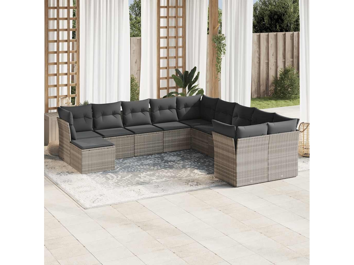 Vidaxl 11 Pcs Conjunto Sofás De Jardim C/ Almofadões Vime Pe Cinzento