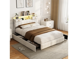 Cama Estofada 160x200 Cm com Gavetas, Led, Usb, Tipo c, Tecido Bege, Moderno, SIMURQ