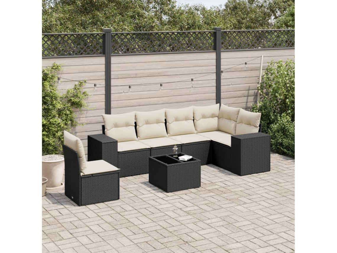 Vidaxl 7 Pcs Conjunto De Sofás P/ Jardim C/ Almofadões Vime Pe Preto
