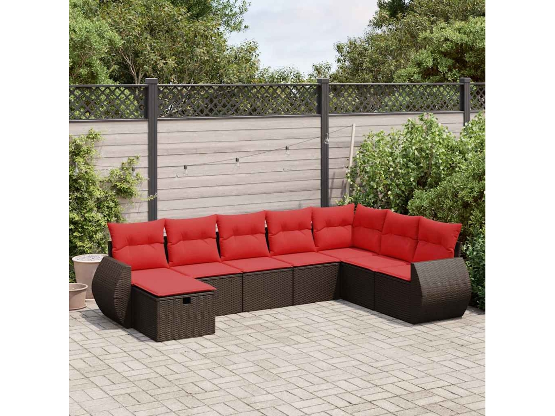 Vidaxl 8 Pcs Conjunto Sofás De Jardim C/ Almofadões Vime Pe Castanho