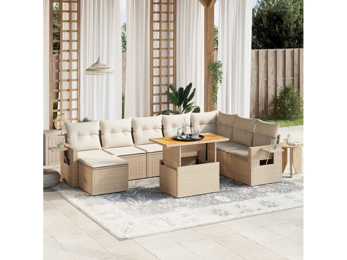 Vidaxl 9 Pcs Conjunto De Sofás P/ Jardim Com Almofadões Vime Pe Bege