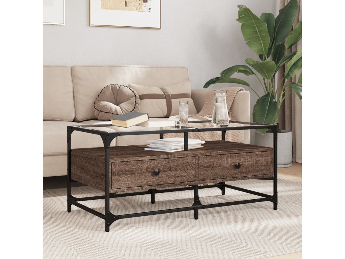 Vidaxl Mesa De Centro C/ Topo Vidro 98,5x50x45cm Carvalho Castanho Aço