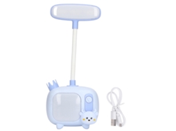 Luminária de leitura infantil com luz LED flexível, base USB, azul, para mesa de estudo.