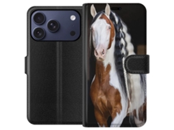 Capa Carteira Compatível Com Apple Iphone 17 Pro. Retrato Detalhado De Um Cavalo Com Crina Trançada Em Cores Naturais Sobre Fundo Escuro.