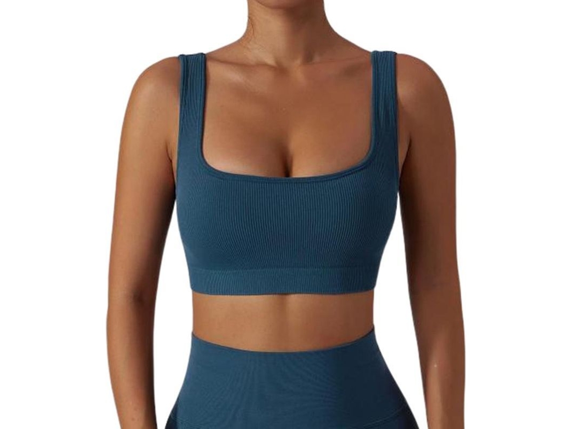 Top de Tirantes Ribbed Simples com Sutiã Esportivo Crop Top para Mulheres Moda Casual Ativa Azul Marinho