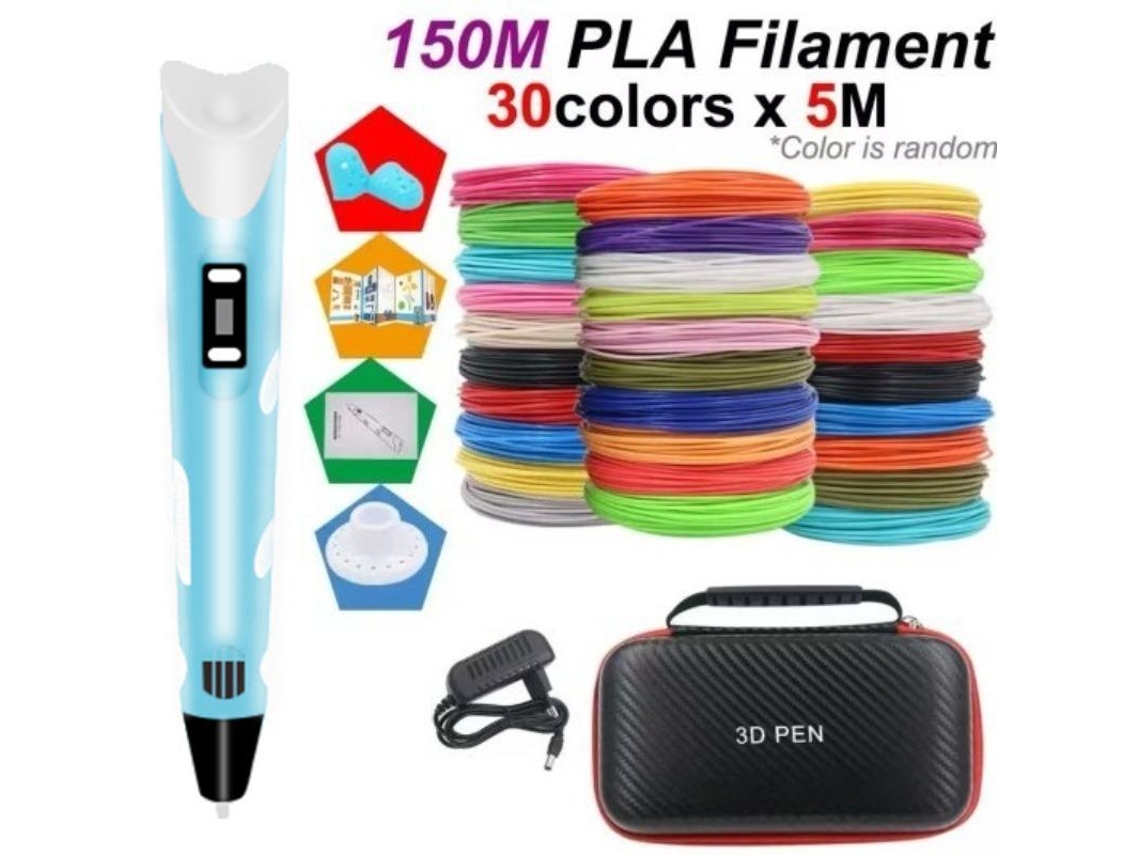 Caneta De Impressão 3d Infantil,temperatura/velocidade Ajustáveis Com Caixa De Armazenamento, 5m X 30 Cores Filamentos Pla, Azul Digitallab