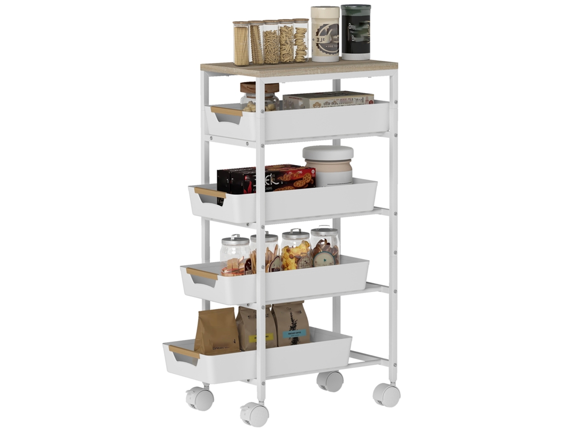 Carrinho De Cozinha De 5 Níveis Com 4 Cestos Removíveis, Feito De Metal, Pp E Madeira, 39,5 X 24 X 82 Cm, Branco E Carvalho.