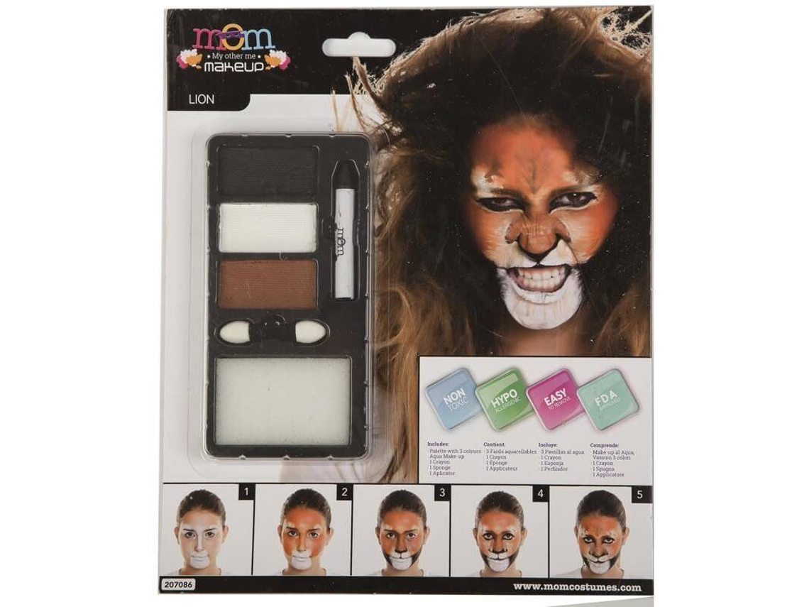 Kit De Maquiagem - Leão - Adulto - 3 Paletas De Aquarela - Lápis - Esponja