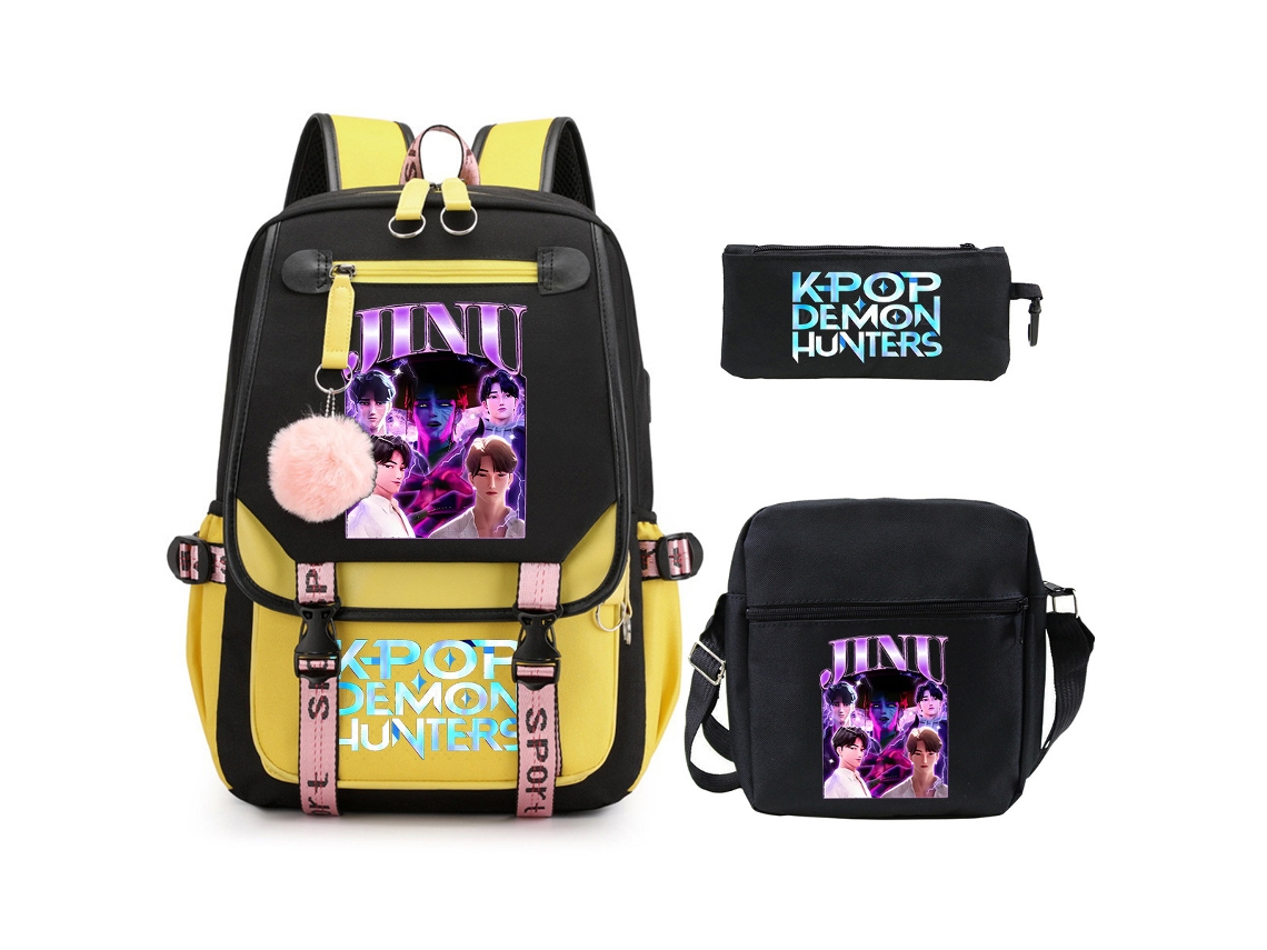 Mochila Escolar De Anime Conjunto De Três Peças, Com Bolsa Transversal E Estojo, Grande Capacidade, Impermeável, Estilo 3 Amarelo