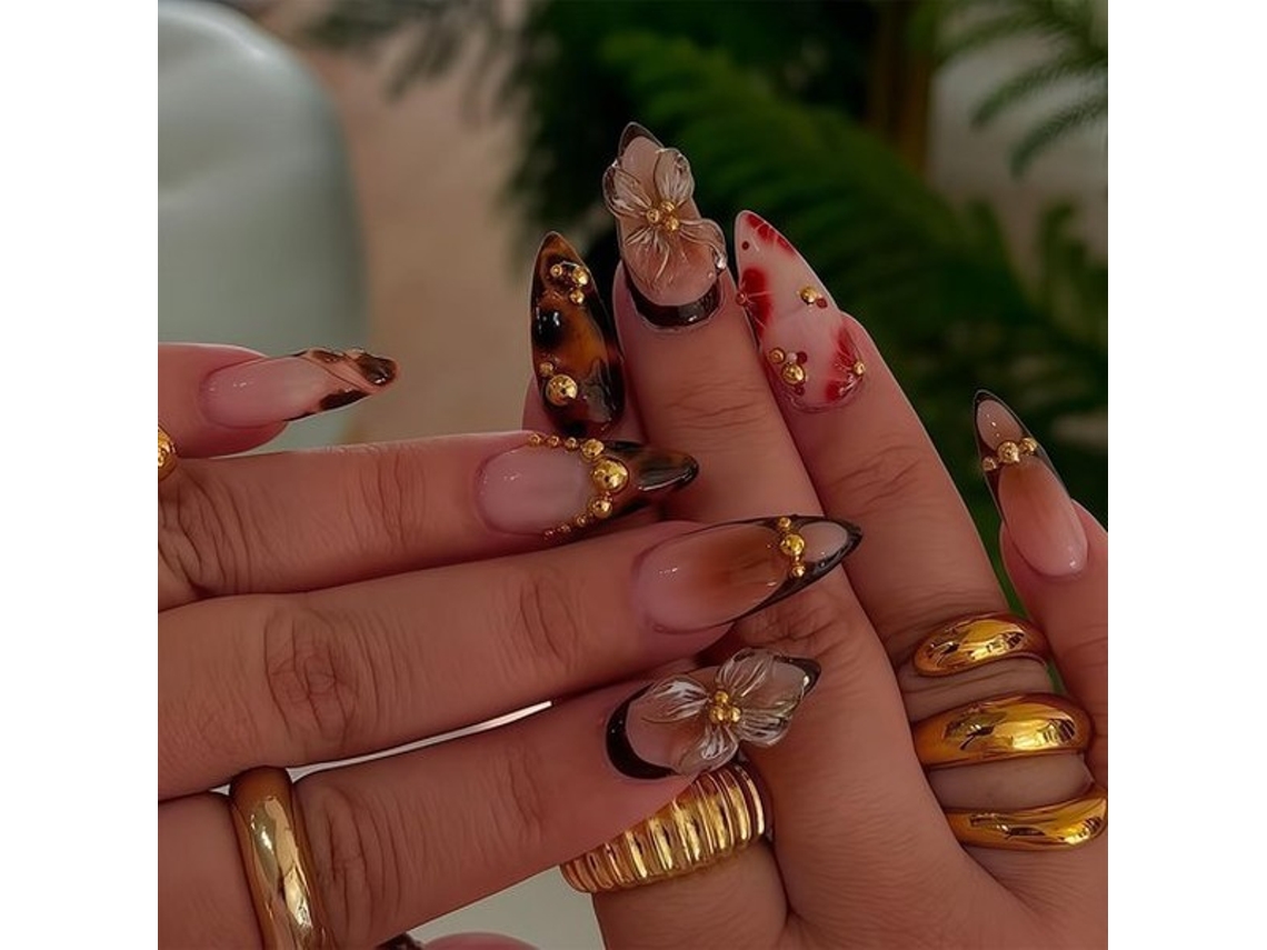 Nepnagels 24 Unidades - Flores 3d - Corais Dourados - Leopardo Ombre - Meio-feito - Perfeito Para Festa - Unhas De Arte