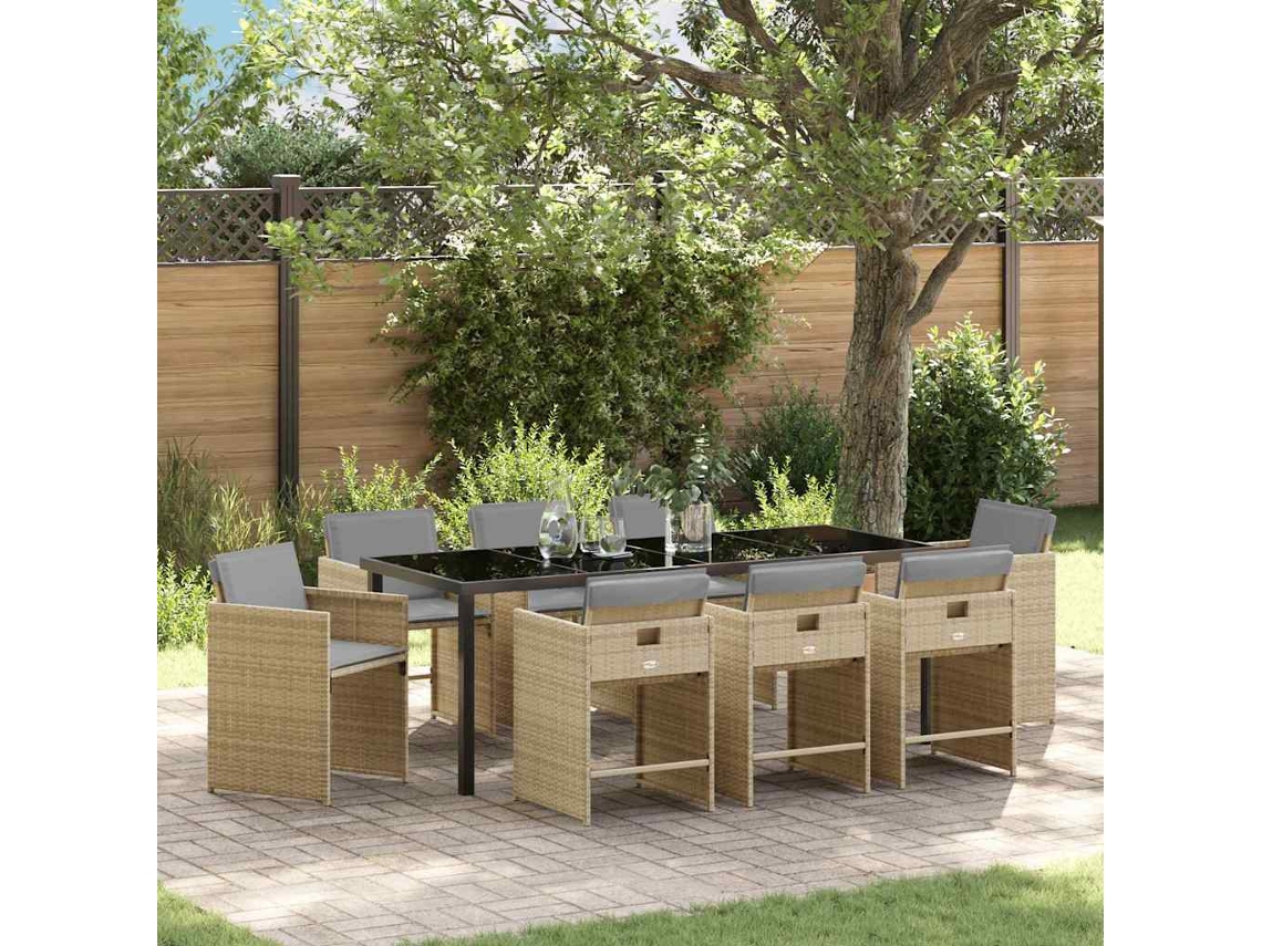 Vidaxl Conjunto de Jantar para Jardim com Almofada 9 Pcs Bege Vime Pe