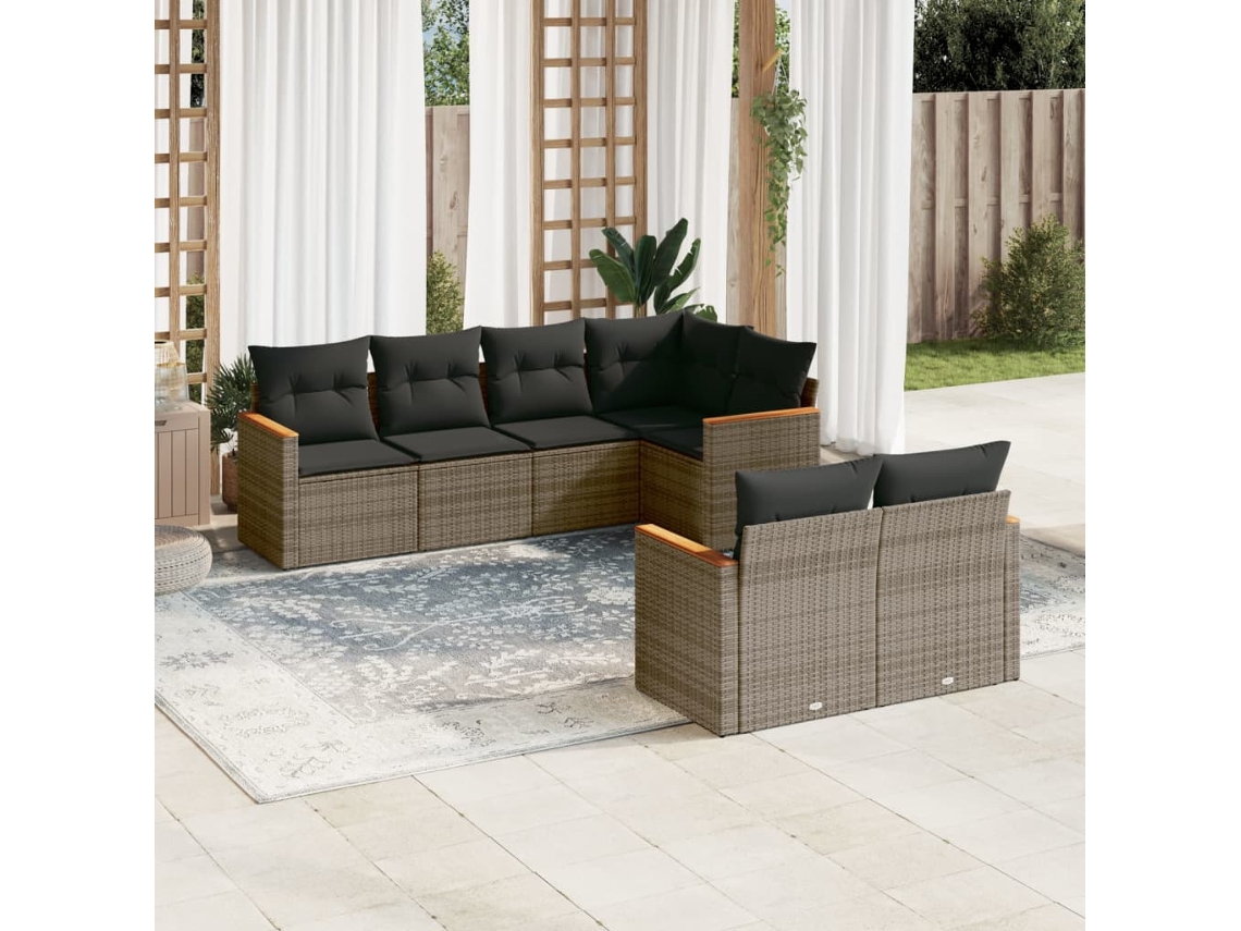 Vidaxl 7 Pcs Conjunto Sofás P/ Jardim C/ Almofadões Vime Pe Cinzento