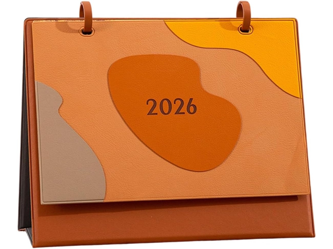 Calendário De 2026 Em Couro Sintético, De Janeiro A Dezembro, Com Marcações De Feriados E Blocos Diários.
