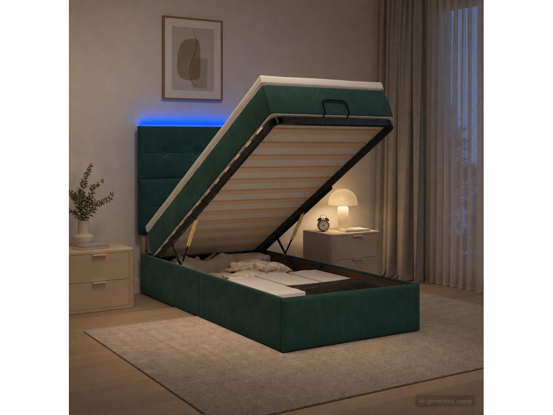 Vidaxl Cama Ottoman Com Colchão E Led Verde-escuro 100 X 200 Cm Veludo