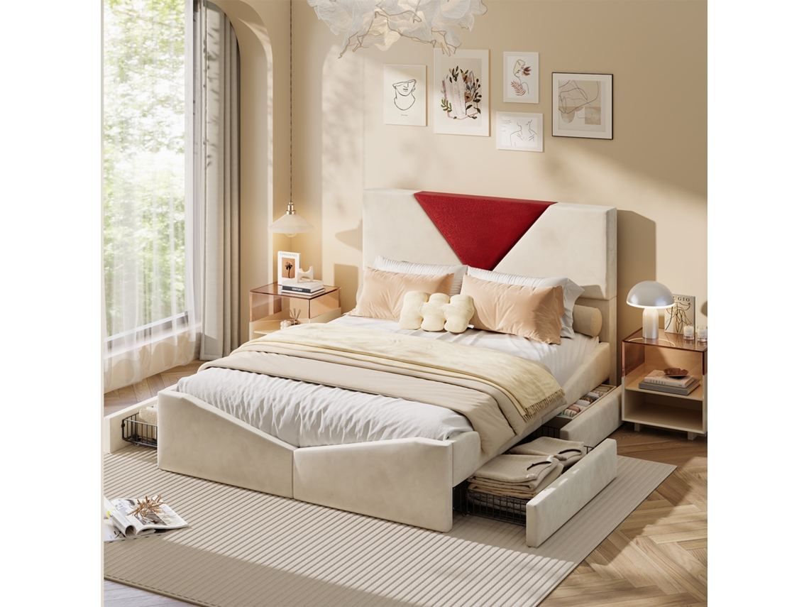 Cama Estofada Bege 160x200 em Veludo com Arrumação e 4 Gavetas, Estrado de Ripas e Cabeceira, Ideal para Casal Ou Jovem, Sem Colchão BURSDANY