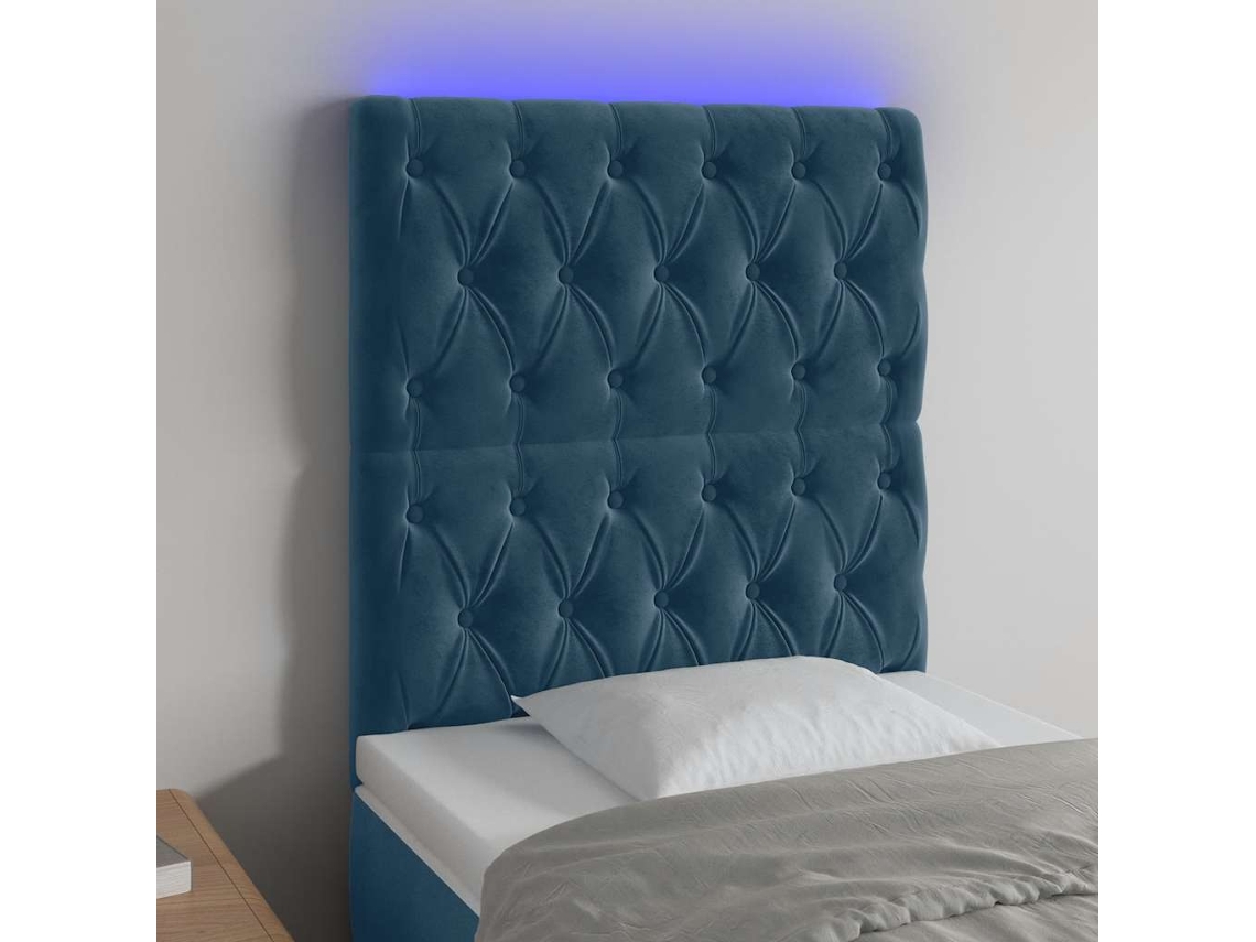 Vidaxl Cabeceira Cama C/ Luzes Led Veludo 80x7x118/128cm Azul-escuro