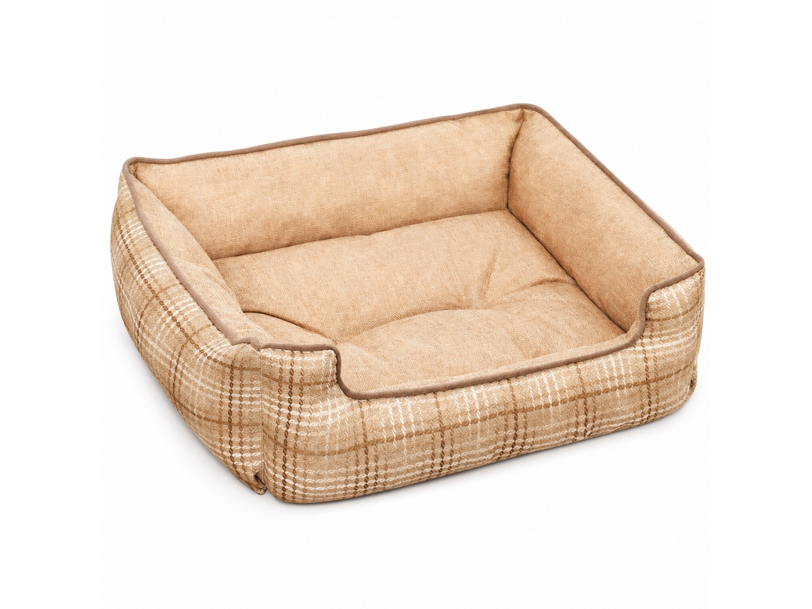 Cama Acolchoada Antiderrapante Para E Bicho De Estimação Com Bordas Elevadas, Xadrez Caqui
