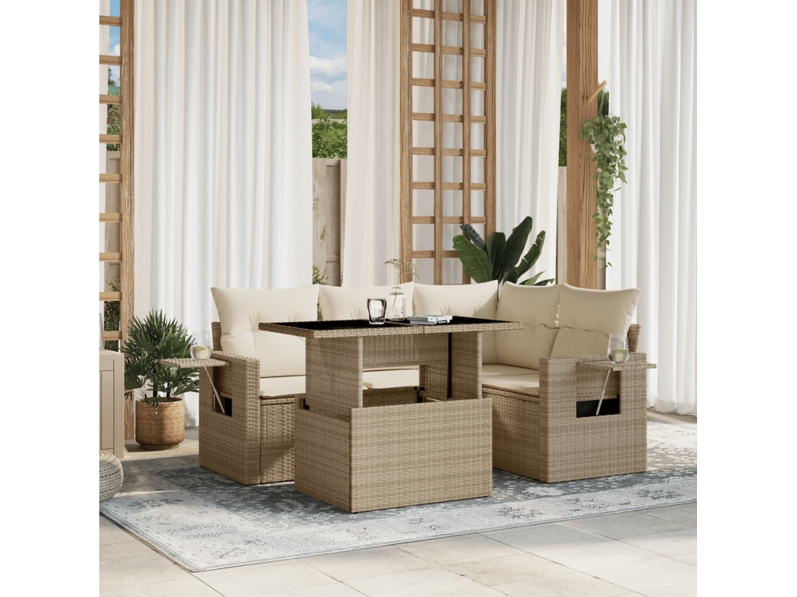 Vidaxl 5 Pcs Conjunto De Sofás P/ Jardim Com Almofadões Vime Pe Bege