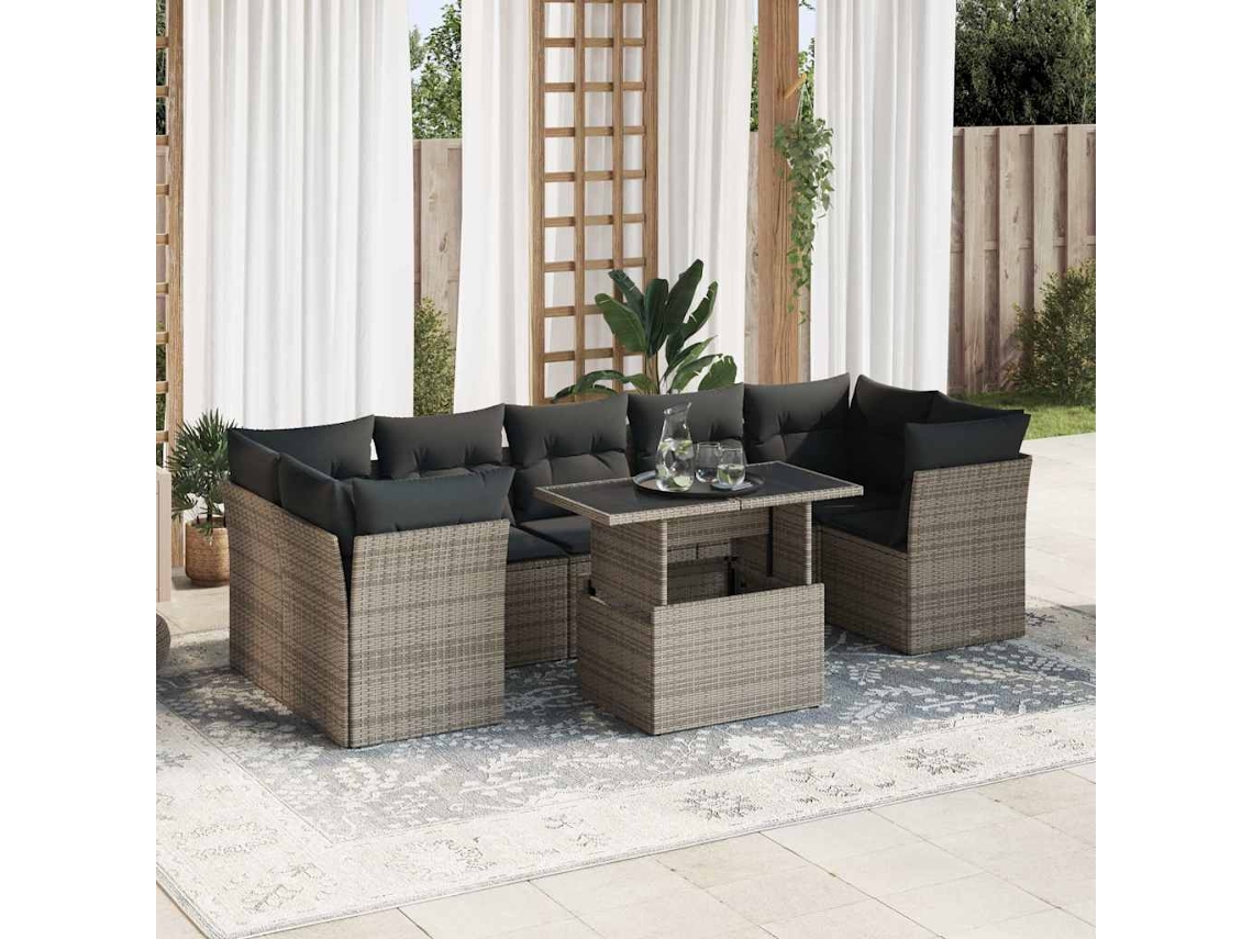 Vidaxl 8 Pcs Conjunto Sofás De Jardim C/ Almofadões Vime Pe Cinzento