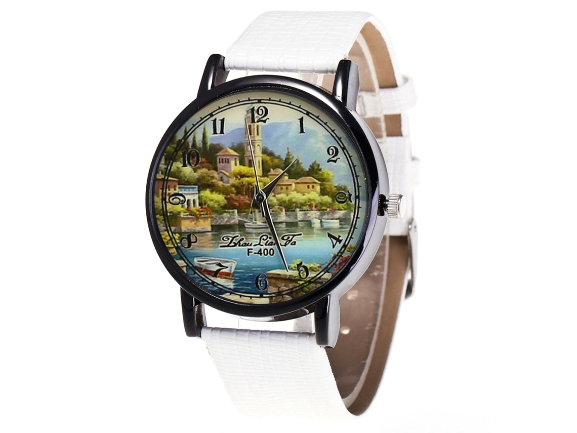 Relógio masculino de quartzo com pulseira de couro PU, resistente à água (branco)