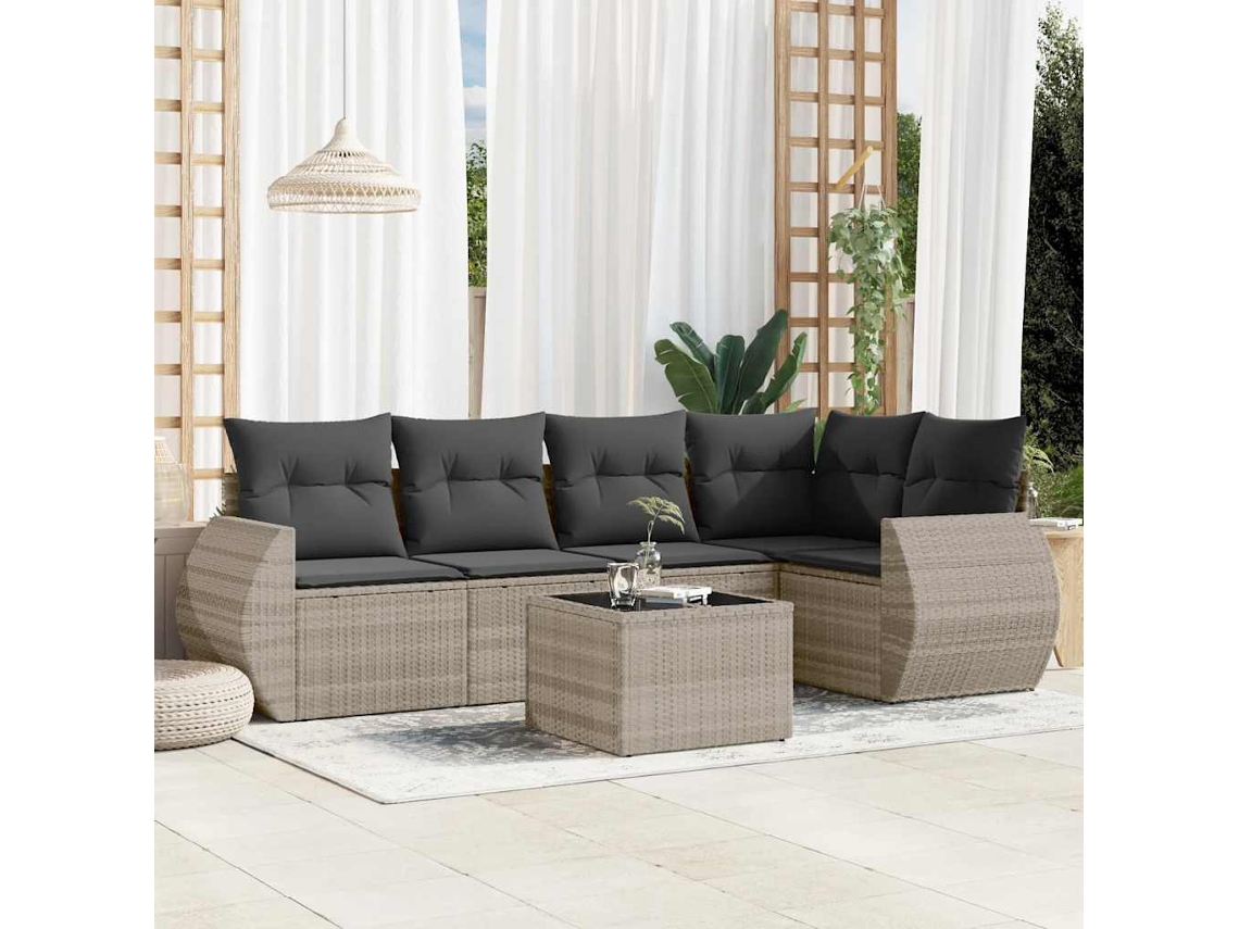 Vidaxl 6 Pcs Conj. Sofás Jardim Com Almofadões Vime Pe Cinzento-claro