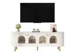 Armário Para Tv, Rack Com Portas De Vidro, Móvel Prático Para Sala, Puxadores E Pés Dourados.