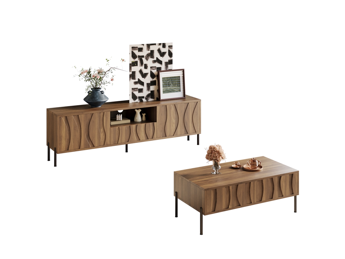 Conjunto Madeira Ondulada, Mesa Centro + Tv, Eixo Natural. -ol
