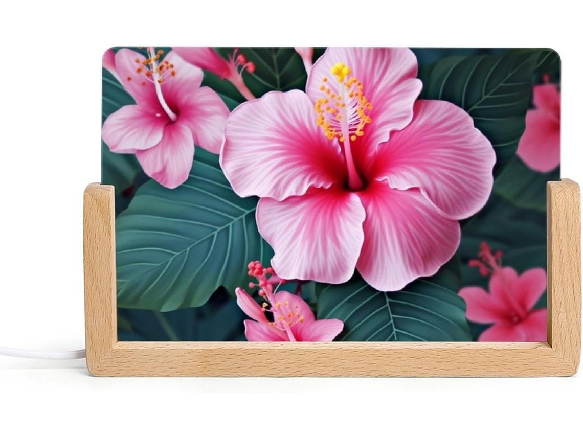 Luminária Noturna Em Acrílico Com Estampa De Flor Rosa Havaiana E Base