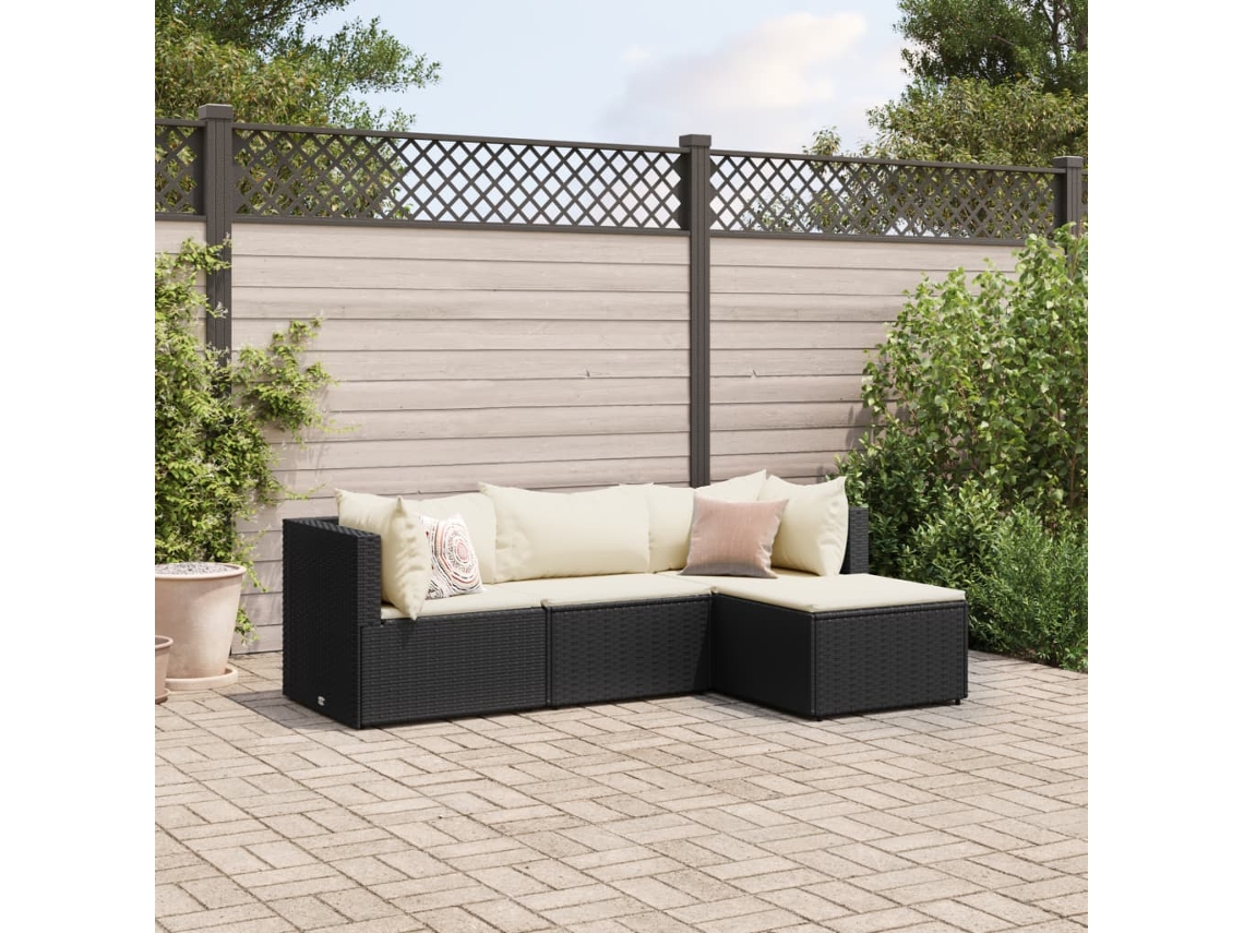 Vidaxl 4 Pcs Conjunto Lounge De Jardim C/ Almofadões Vime Pe Preto