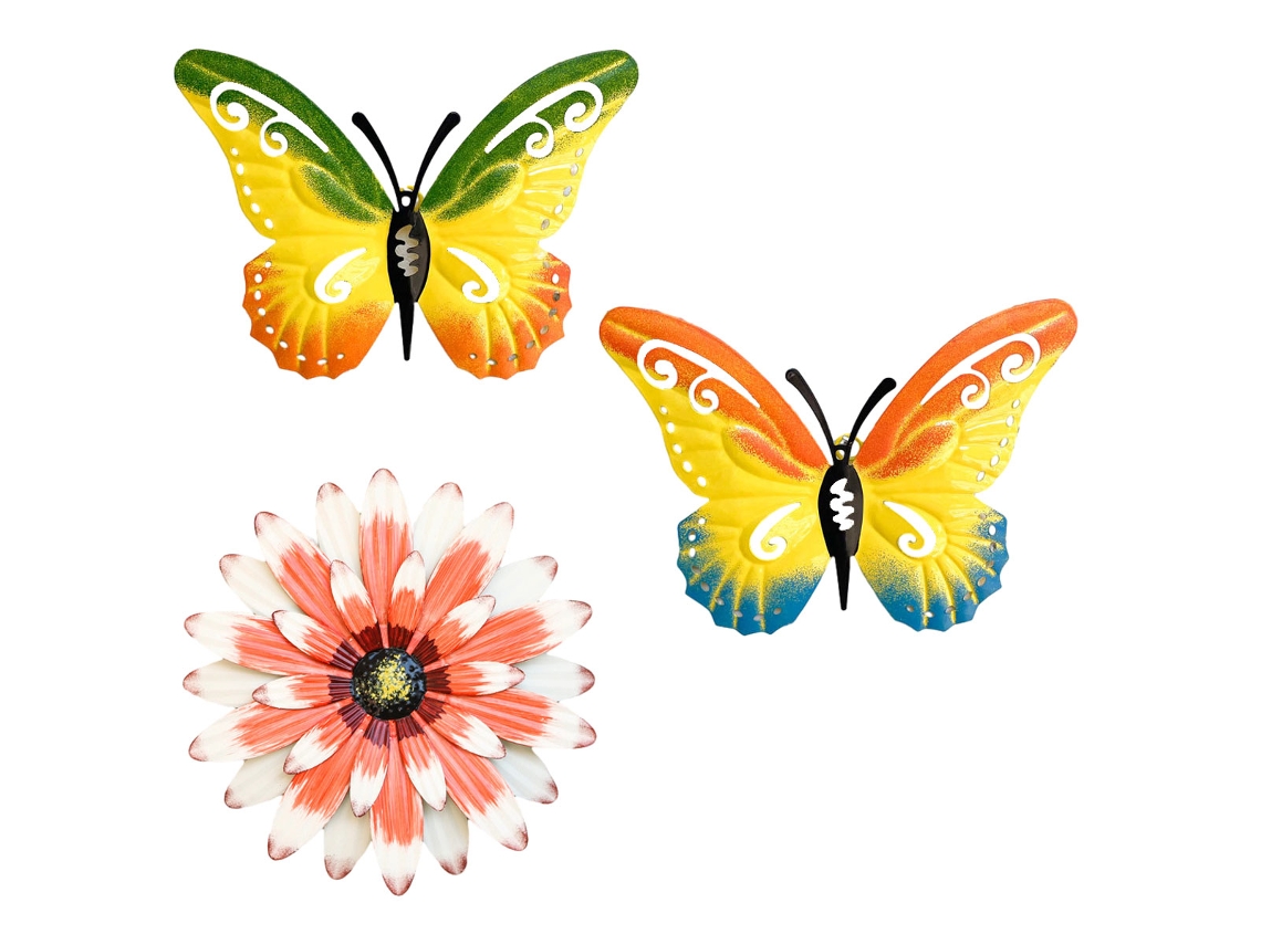Decoração de Parede Metálica de Flor e Borboleta 3 Peças para Jardim e Terraço NEVEANCE