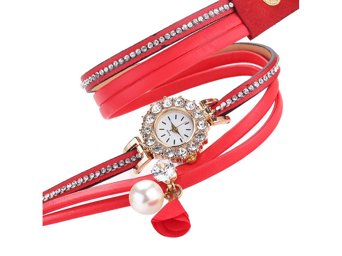 Relógio de Pulso Feminino de Moda com Pulseira de Couro Pu e Strass (vermelho)