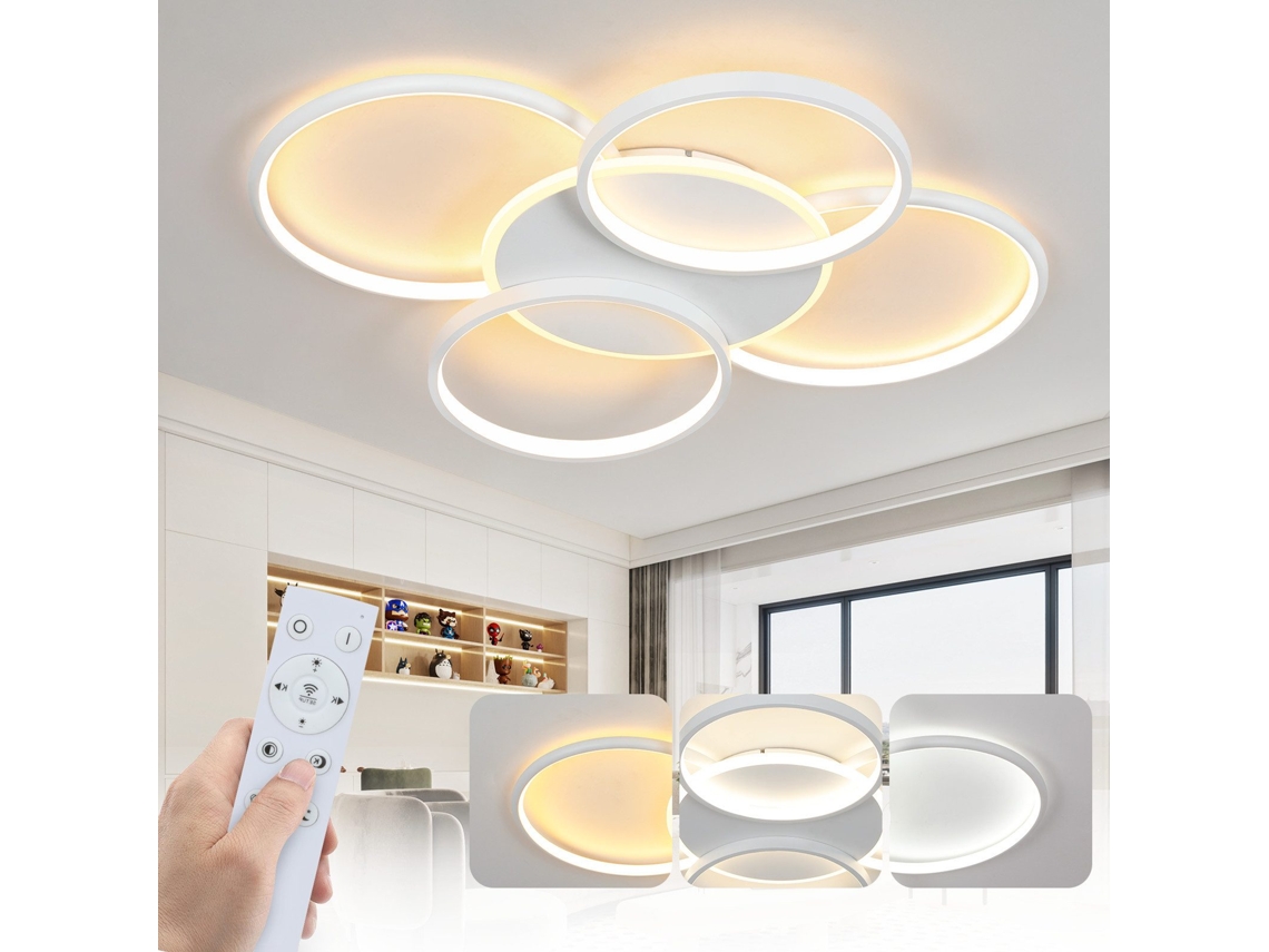 Nettlife Candeeiro De Teto Led, Led Candeeiro De Teto Sala Estar Regulável 70 W Com Comando 5 Anéis Branco Acrílico Moderno Regulável