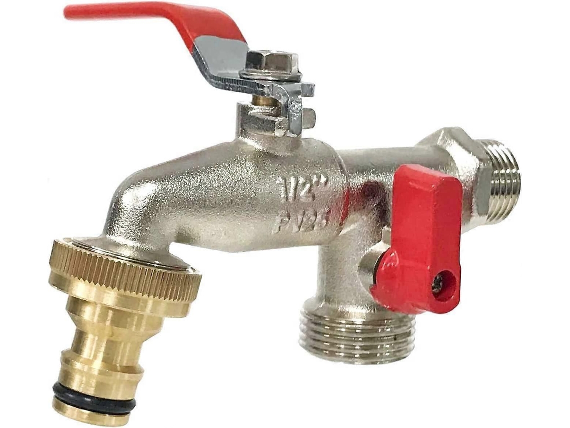 Torneira De Jardim Piao G6354 Com Dupla Saída, 1/2 E 3/4 Polegadas, Ideal Para Pátios Com Timer De Irrigação, Prata