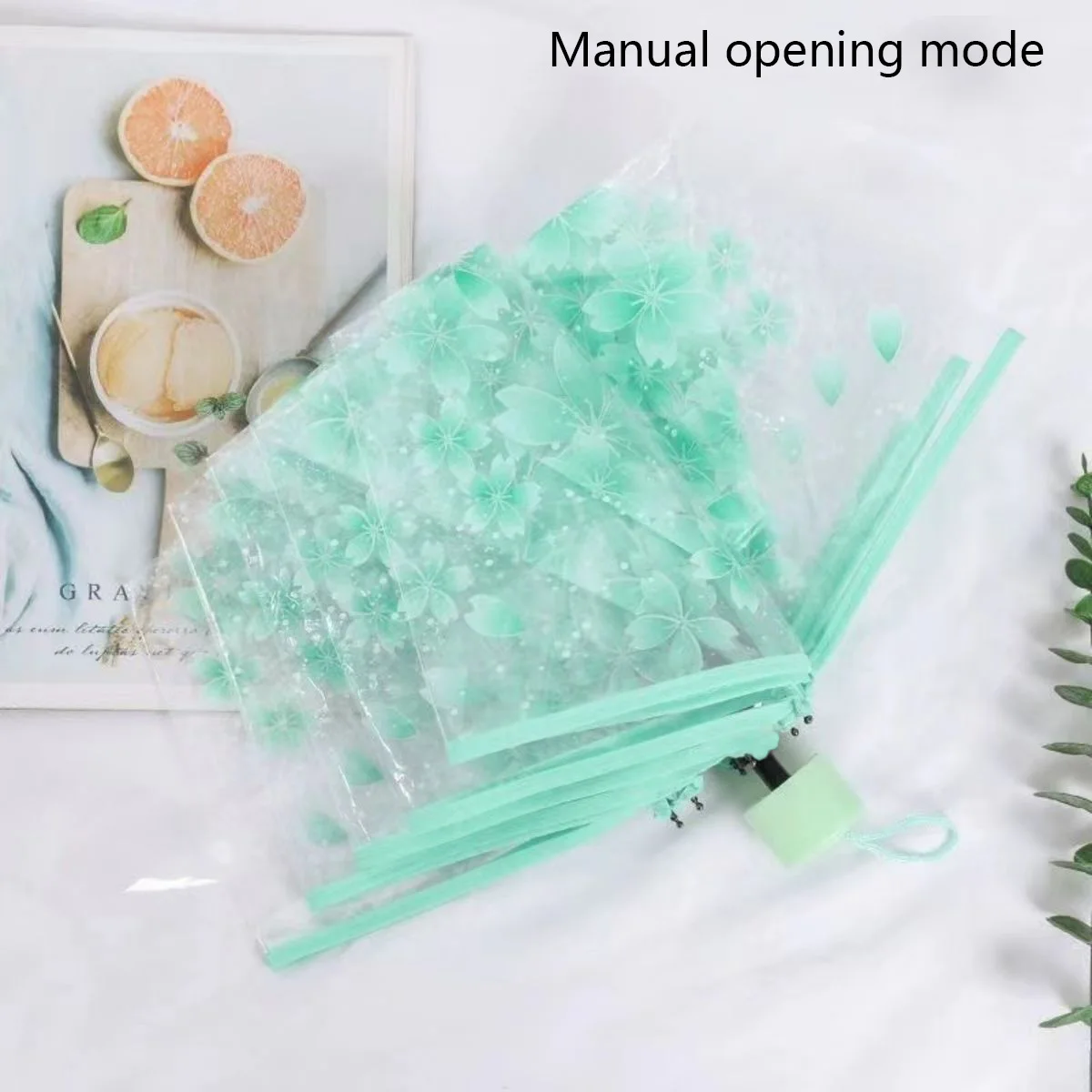 Guarda-chuva Transparente (verde Claro 8k), Resistente Ao Vento E À Chuva, Com Estampa De Flor De Cerejeira, Feito De Pvc.