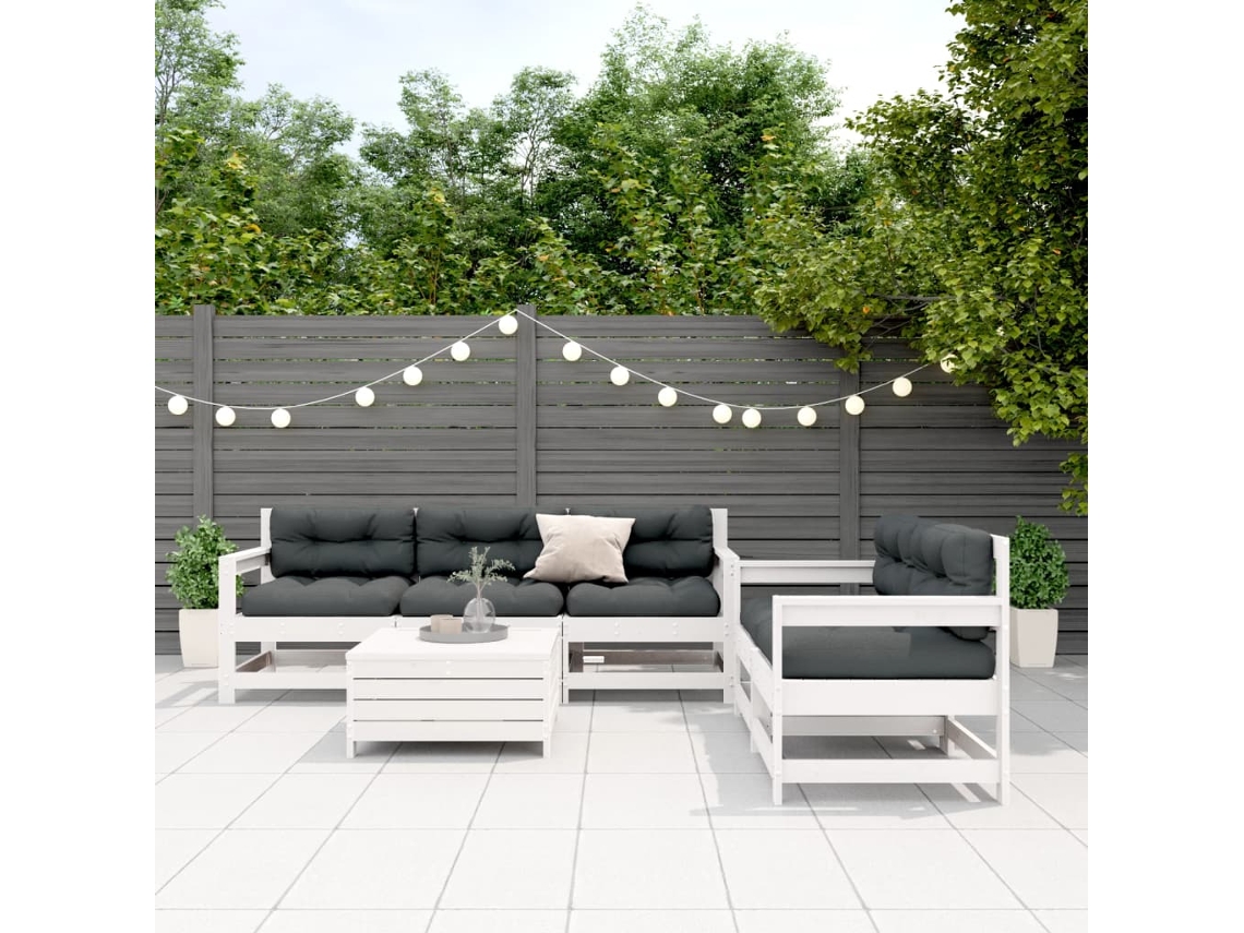 Vidaxl 6 Pcs Conjunto Lounge Jardim C/ Almofadões Pinho Maciço Branco