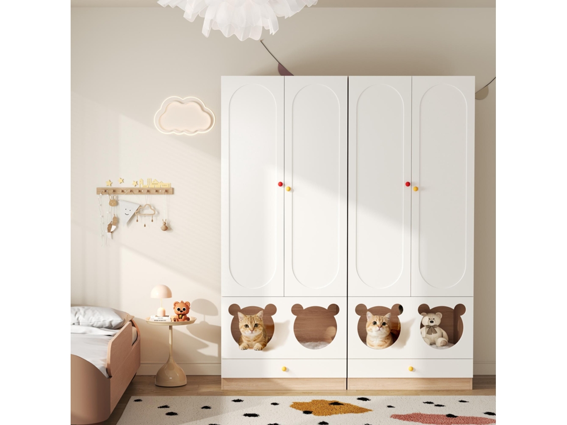 Guarda-roupa Infantil, Conjunto De 2 Peças, Cama Para Gato, Painéis Laqueados + Aglomerado, Puxadores De Cerâmica, Branco + Madeira Natural