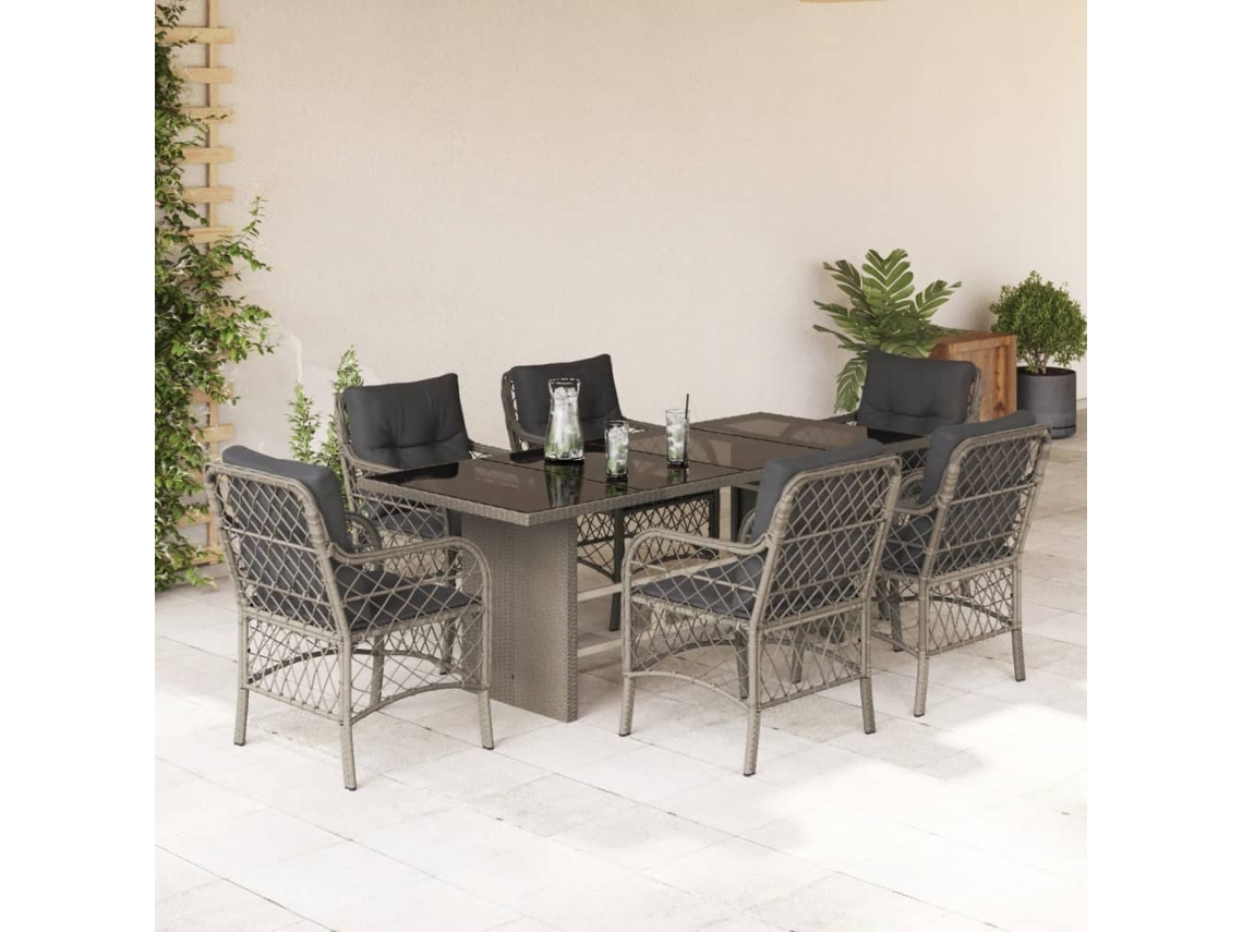 Vidaxl 7 Pcs Conj. Jantar P/ Jardim C/ Almofadões Vime Pe Cinza-claro