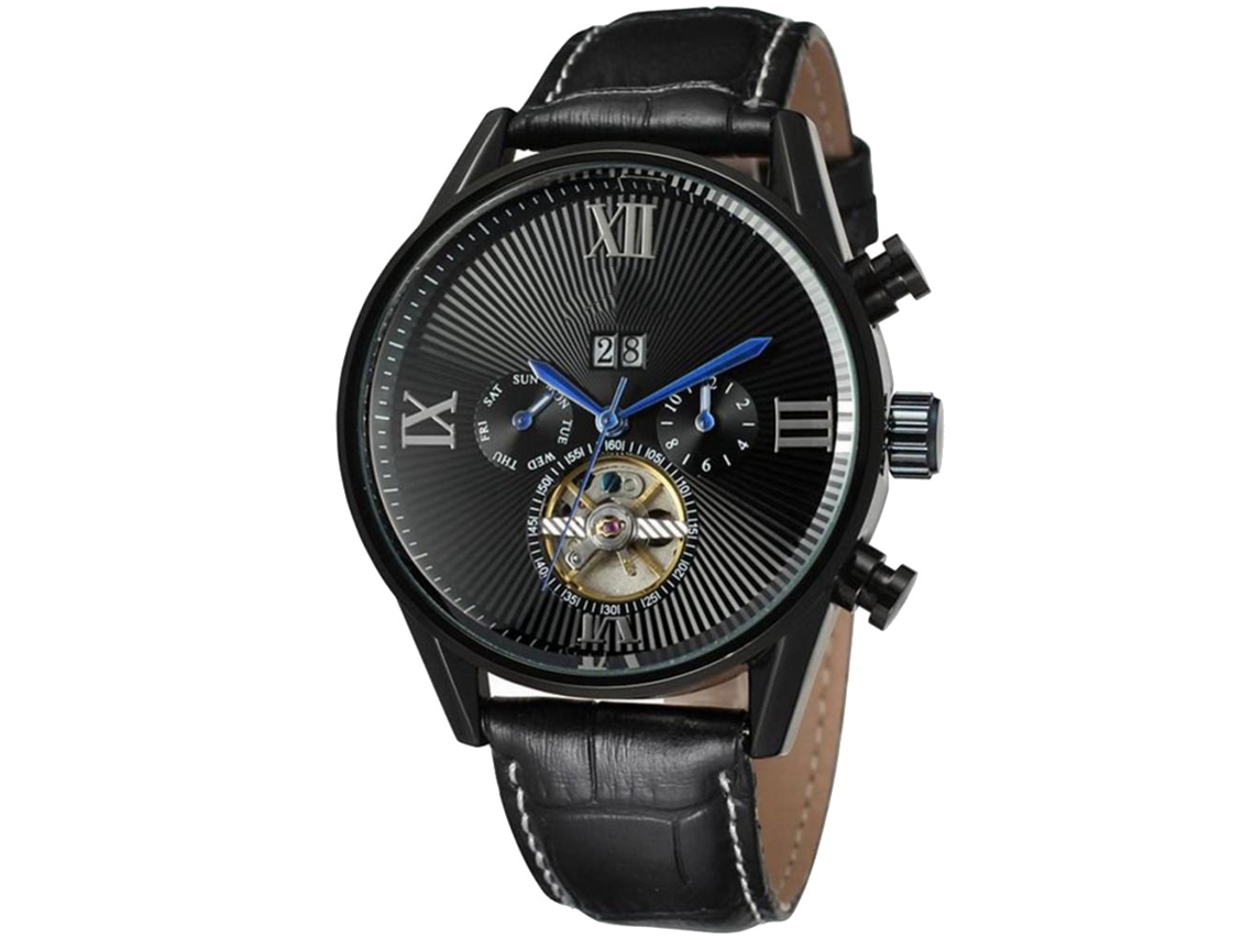 Relógio mecânico automático masculino Forsining com pulseira de couro PU à prova d'água, preto.