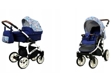 Carrinho de Bebé Multifuncional BABYLUX OPTIMAL 2 Em 1 -Portuguese Tilese White Frame - Ajustável e dobrável Construção leve em alumínio - Acessórios