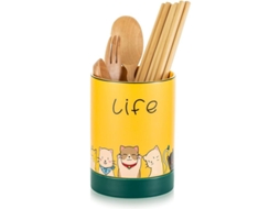 Porta Utensili De Cerámica Amarillo Con Diseño De Gato Bonito, Organizador De Cocina Práctico