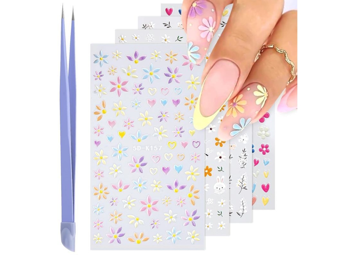 Adesivos de Unhas de Flores em 3d, Decalques Autoadesivos com Pinça para Design de Unhas