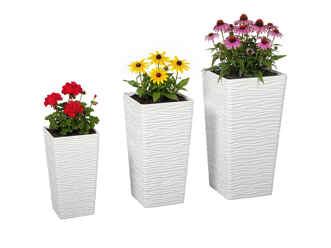 Conjunto de 3 Vasos Externos Empilháveis com Padrão Plástico Ondulado. 42/55/65 Cm. Branco Ge