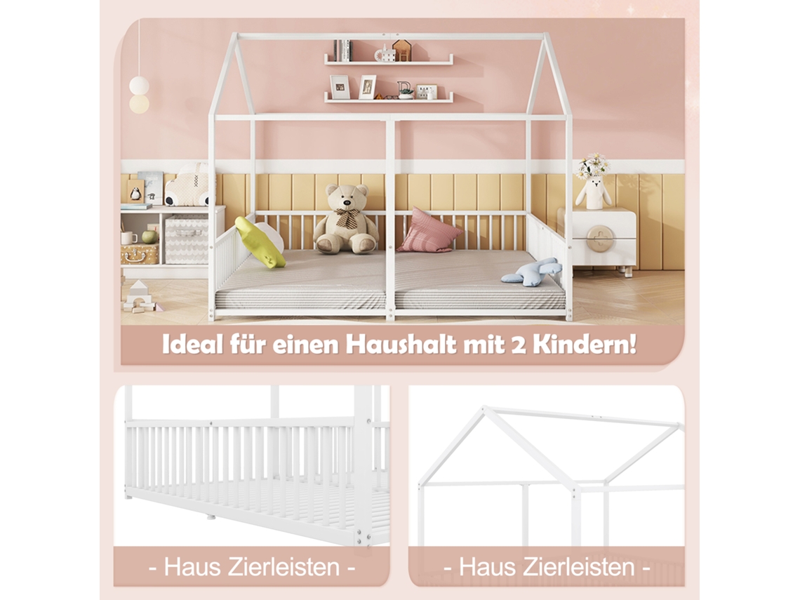 Cama De Metal Infantil 90x200cm Design De Beliche Com Escada E Grade Branca Estrutura Em Ferro Sem Colchão Ehstmind